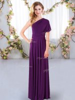 Custom Designed Purple Empire One Shoulder Sleeveless Chiffon Floor Length Criss Cross Ruching Vestidos de Damas