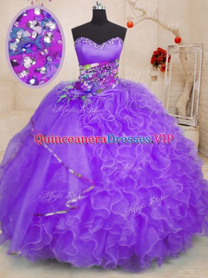 Nice Sleeveless Organza Floor Length Lace Up Quinceanera Gowns in Lavender with Beading and Ruffles - Click Image to Close