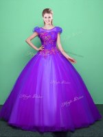 Fitting Purple Lace Up Scoop Appliques Military Ball Dresses Tulle Short Sleeves