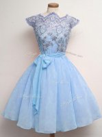 Simple Blue Scalloped Lace Up Lace and Belt Court Dresses for Sweet 16 Cap Sleeves