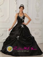 Wincham Cheshire Black Princess Appliques Ruched Bodice Quinceanera Dress With Halter Neckline Taffeta