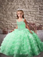 Simple Straps Sleeveless Pageant Gowns For Girls Brush Train Beading and Ruffled Layers Apple Green Organza