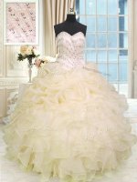 Noble Champagne Organza Lace Up Sweetheart Sleeveless Floor Length Quince Ball Gowns Beading and Ruffles
