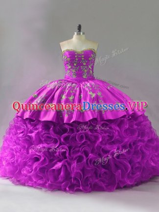Beauteous Sleeveless Beading and Embroidery and Ruffles Lace Up 15 Quinceanera Dress with Fuchsia Brush Train