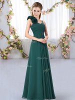 Floor Length Lace Up Court Dresses for Sweet 16 Peacock Green for Wedding Party with Hand Made Flower