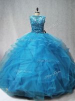 Unique Sleeveless Tulle Brush Train Lace Up Sweet 16 Dresses in Aqua Blue with Beading and Ruffles
