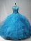 Unique Sleeveless Tulle Brush Train Lace Up Sweet 16 Dresses in Aqua Blue with Beading and Ruffles