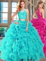 Super Scoop Sleeveless Organza 15th Birthday Dress Appliques and Ruffles Lace Up