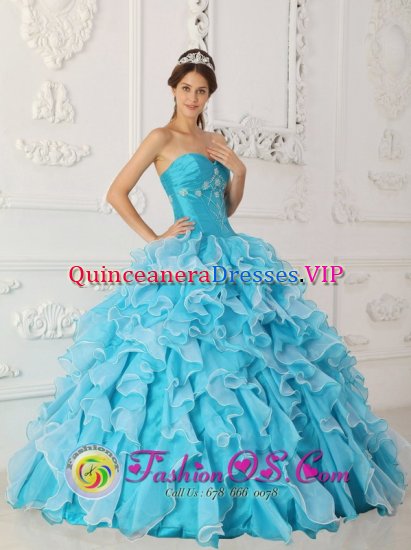 Peach Springs Beading and Ruched Bodice For Classical Sky Blue Sweetheart Quinceanera Dress With Ruffles Layered In Max North Dakota/ND - Click Image to Close