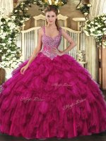Exquisite Sleeveless Floor Length Beading and Ruffles Lace Up Quinceanera Gown with Fuchsia