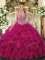 Exquisite Sleeveless Floor Length Beading and Ruffles Lace Up Quinceanera Gown with Fuchsia