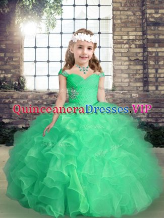 Organza Straps Sleeveless Lace Up Beading and Ruffles and Ruching Pageant Dress for Teens in Apple Green