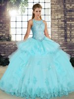 Aqua Blue Ball Gowns Tulle Scoop Sleeveless Lace and Embroidery and Ruffles Floor Length Lace Up Quinceanera Gown(SKU SJQDDT2118002-7BIZ)