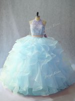 Flare Light Blue Two Pieces Beading and Ruffles Quinceanera Gowns Backless Organza Sleeveless