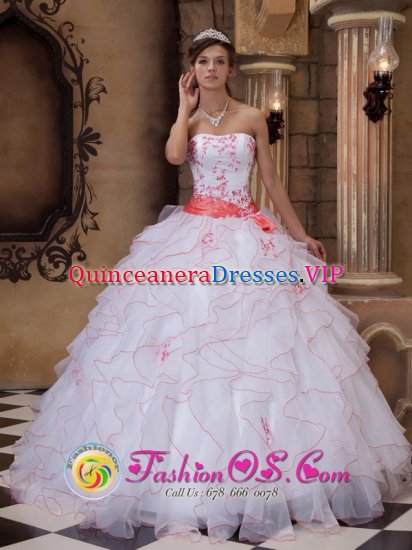 Baie-Mahault France Brand New White Quinceanera Dress For Strapless Organza Embroidery And Sash Decorate Up Bodice Ruffles Ball Gown - Click Image to Close