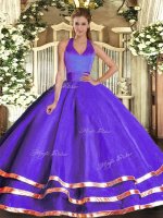 Affordable Purple Ball Gowns Tulle Halter Top Sleeveless Ruffled Layers Floor Length Lace Up Sweet 16 Dresses(SKU SJQDDT1652002-1BIZ)