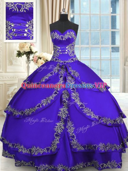 Blue Quinceanera Dress Military Ball and Sweet 16 and Quinceanera with Beading and Appliques and Ruffled Layers Sweetheart Sleeveless Lace Up - Click Image to Close