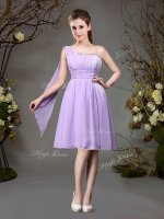 New Style Lavender Empire Chiffon One Shoulder Sleeveless Beading and Ruching Mini Length Zipper Dama Dress for Quinceanera