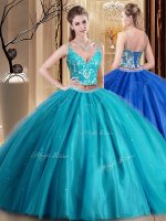 Admirable Teal Tulle Lace Up Ball Gown Prom Dress Sleeveless Floor Length Beading and Lace and Appliques