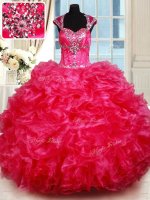Colorful Hot Pink Backless Sweet 16 Quinceanera Dress Beading and Ruffles Cap Sleeves Floor Length(SKU PSSW0314BIZ)