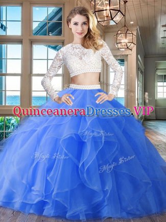 Adorable Blue Two Pieces Scoop Long Sleeves Organza Brush Train Zipper Beading and Lace and Ruffles 15th Birthday Dress