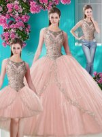 Three Piece Peach Vestidos de Quinceanera Military Ball and Sweet 16 and Quinceanera with Beading and Appliques Scoop Sleeveless Lace Up