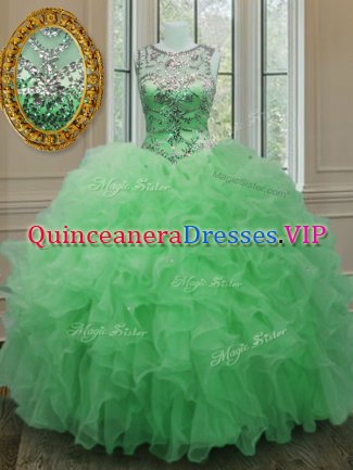 Clearance Scoop Green Ball Gowns Beading and Ruffles Quinceanera Gowns Lace Up Organza Sleeveless Floor Length