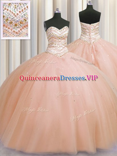 Fitting Bling-bling Really Puffy Sleeveless Floor Length Beading Lace Up Sweet 16 Dress with Peach - Click Image to Close