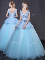 Light Blue V-neck Neckline Appliques Quinceanera Gowns Sleeveless Lace Up