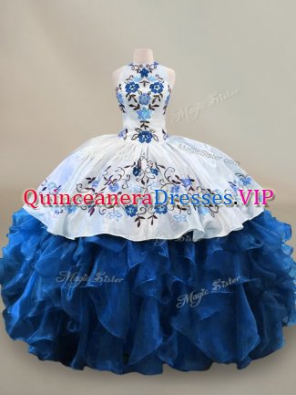 Blue And White Lace Up Halter Top Embroidery and Ruffles Sweet 16 Dress Organza Sleeveless