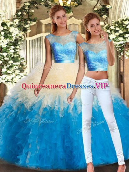 Scoop Sleeveless 15 Quinceanera Dress Floor Length Lace and Ruffles Multi-color Organza - Click Image to Close