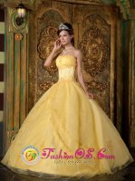 Gorgeous Appliques Decorate Bodice Yellow Quinceanera Dress In New York Strapless Organza Ball Gown IN Bello Colombia
