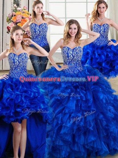 Four Piece Sweetheart Sleeveless Brush Train Lace Up Quinceanera Gown Royal Blue Organza - Click Image to Close
