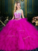 Stylish Scoop Floor Length Fuchsia Ball Gown Prom Dress Tulle Sleeveless Lace and Ruffles