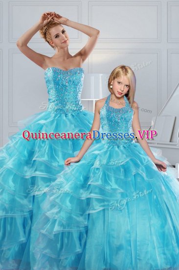 Aqua Blue Sweetheart Lace Up Beading and Ruffled Layers Ball Gown Prom Dress Sleeveless - Click Image to Close
