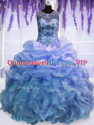 Scoop Floor Length Blue Ball Gown Prom Dress Organza Sleeveless Beading and Ruffles