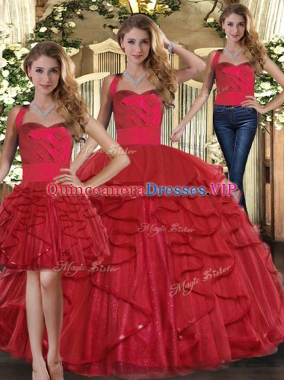 Sophisticated Floor Length Red Sweet 16 Dresses Tulle Sleeveless Ruffles - Click Image to Close