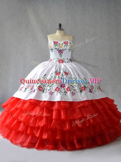 White And Red Organza Lace Up Sweet 16 Dress Sleeveless Floor Length Embroidery and Ruffled Layers - Click Image to Close