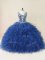 Luxury Navy Blue Ball Gowns V-neck Sleeveless Tulle Floor Length Backless Embroidery and Ruffles Quinceanera Gowns