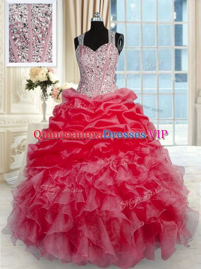 Designer Red Sleeveless Beading and Ruffles Floor Length Quince Ball Gowns - Click Image to Close