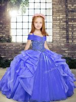 Beading and Ruffles Child Pageant Dress Blue Lace Up Sleeveless Floor Length