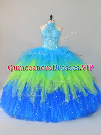 Halter Top Sleeveless Tulle Quinceanera Gown Beading and Ruffles Lace Up