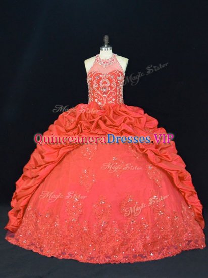 Super Red Halter Top Lace Up Beading and Appliques and Embroidery Sweet 16 Dresses Sleeveless - Click Image to Close