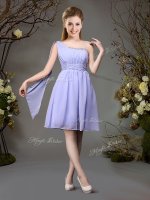 One Shoulder Lavender Sleeveless Chiffon Zipper Quinceanera Court Dresses for Prom and Party and Wedding Party