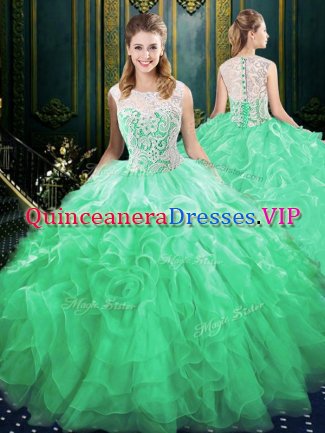 Graceful Green Zipper Scoop Appliques and Ruffles 15 Quinceanera Dress Organza and Tulle Sleeveless Brush Train