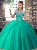 Delicate Sleeveless Tulle Brush Train Lace Up Quinceanera Dress in Turquoise with Beading and Pick Ups(SKU SJQDDT2116002-9BIZ)