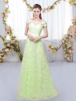 Cap Sleeves Tulle Floor Length Lace Up Damas Dress in Yellow Green with Appliques(SKU BMT0523-9BIZ)