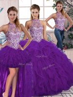 Beauteous Purple Three Pieces Tulle Halter Top Sleeveless Beading and Ruffles Floor Length Lace Up Quince Ball Gowns(SKU SJQDDT2100007ABIZ)