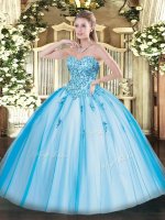 Dramatic Baby Blue Lace Up Sweet 16 Quinceanera Dress Appliques Sleeveless Floor Length