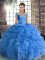 Dynamic Blue Ball Gowns Off The Shoulder Sleeveless Organza Floor Length Lace Up Beading and Ruffles and Pick Ups Ball Gown Prom Dress